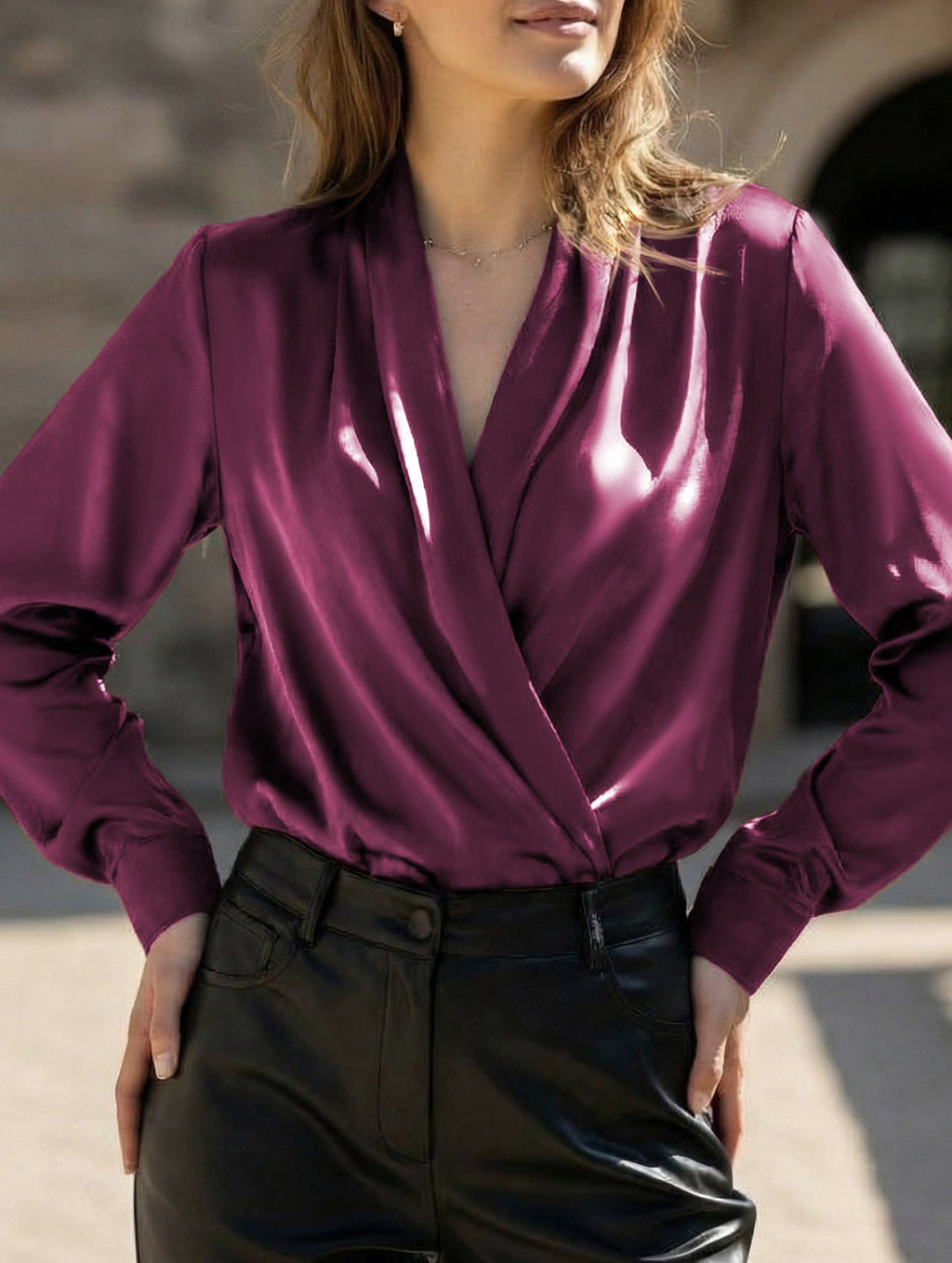 Women’s Satin V-Neck Blouse – Office Style | Dripiume