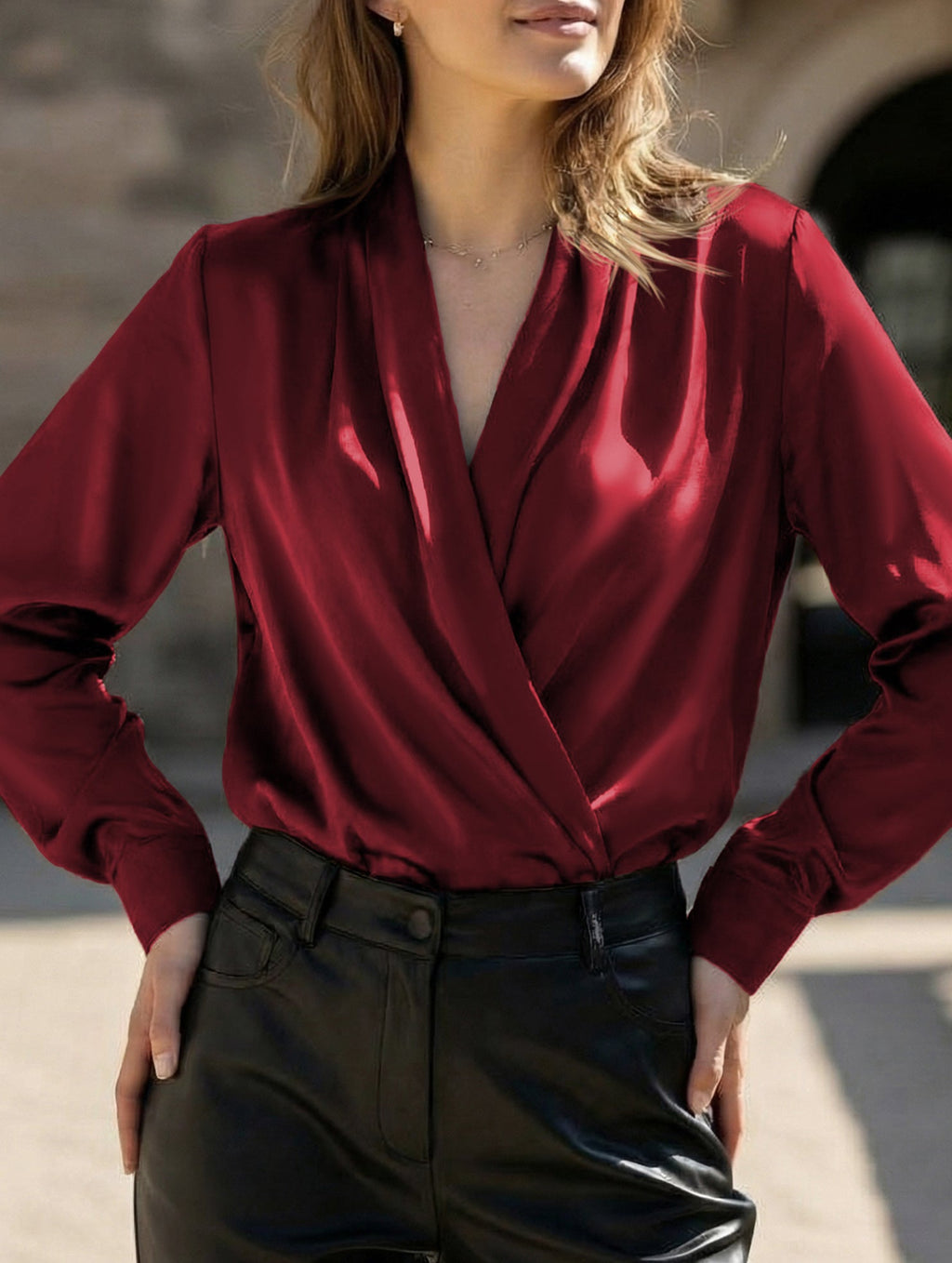 Women’s Satin V-Neck Blouse – Office Style | Dripiume