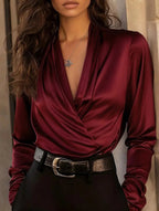 Women’s Satin V-Neck Blouse – Office Style | Dripiume