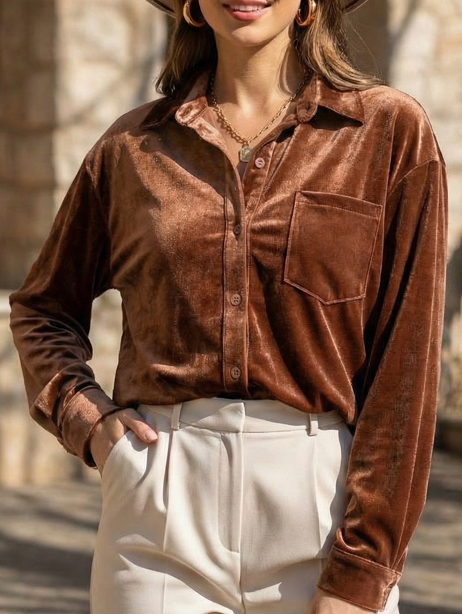 Women’s Velvet Collared Button-Up Shirt | Dripiume