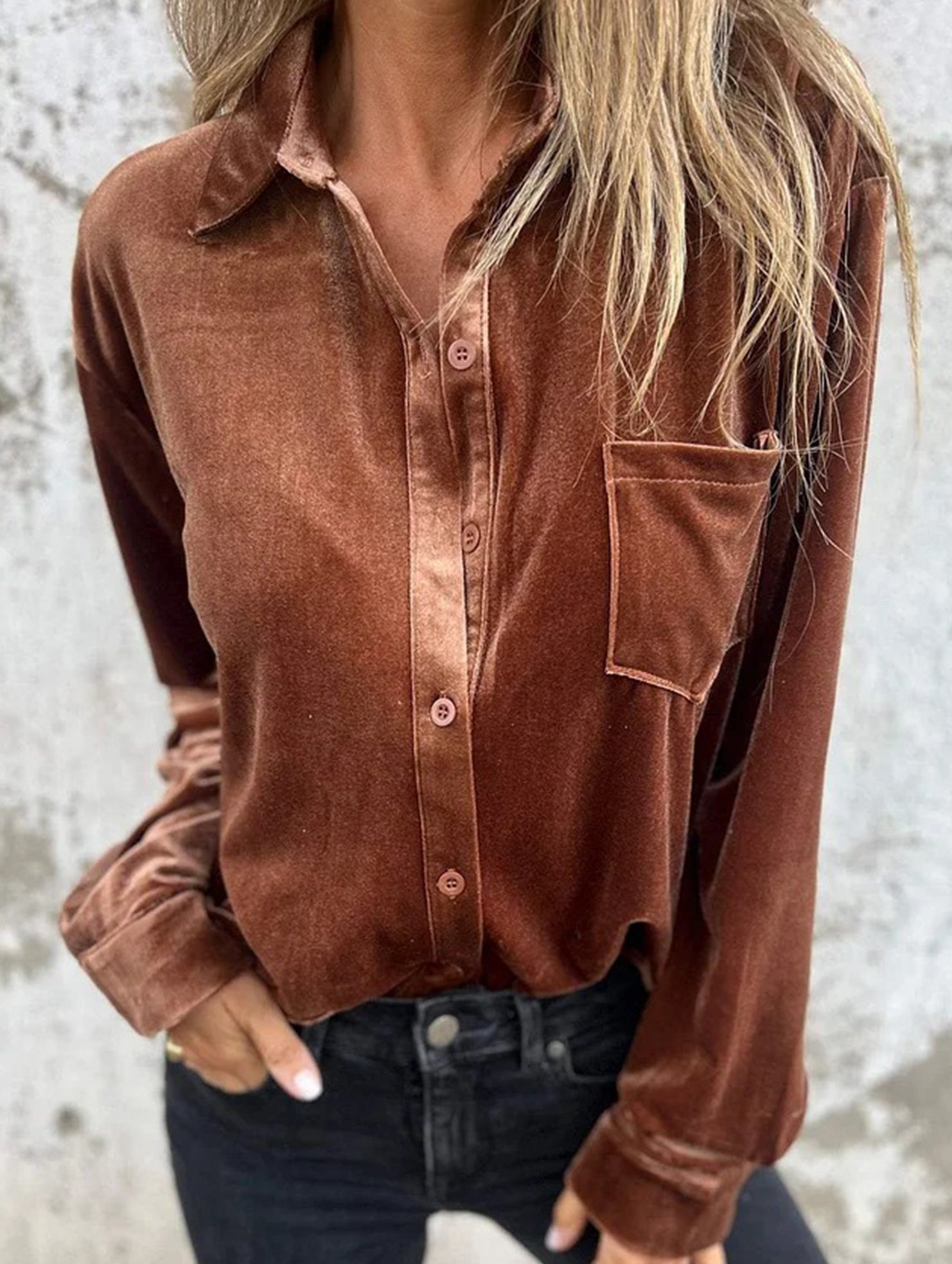 Women’s Velvet Collared Button-Up Shirt | Dripiume