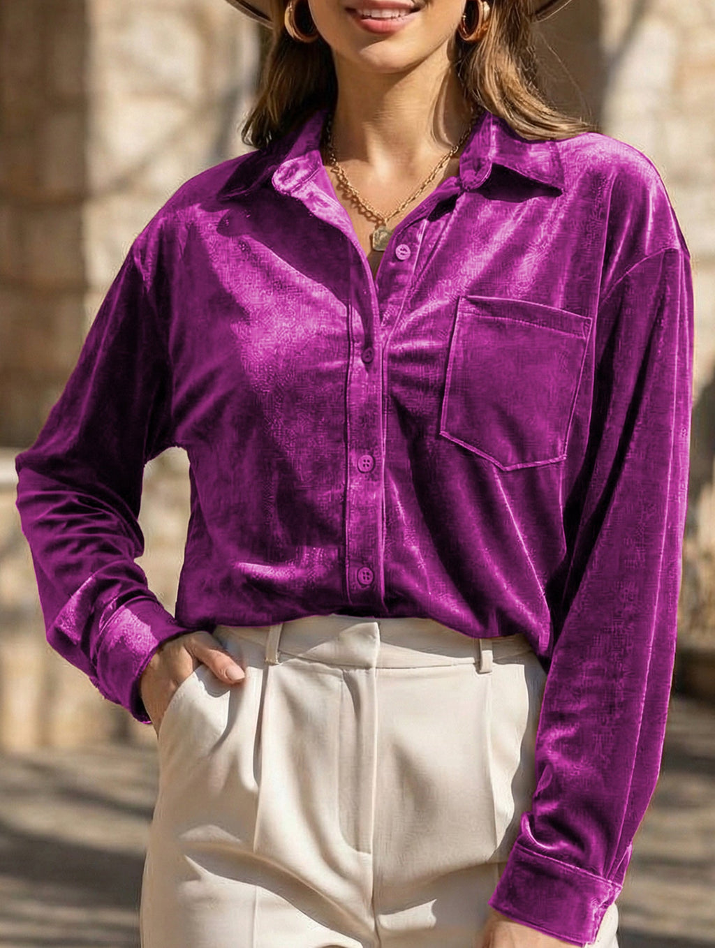 Women’s Velvet Collared Button-Up Shirt | Dripiume