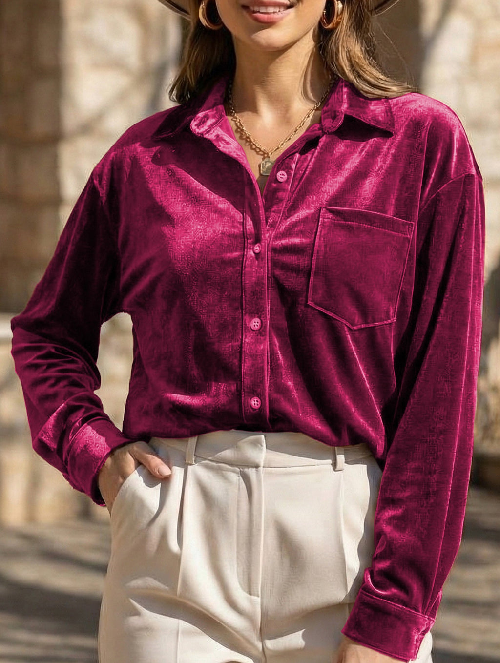 Women’s Velvet Collared Button-Up Shirt | Dripiume