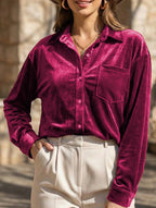 Women’s Velvet Collared Button-Up Shirt | Dripiume