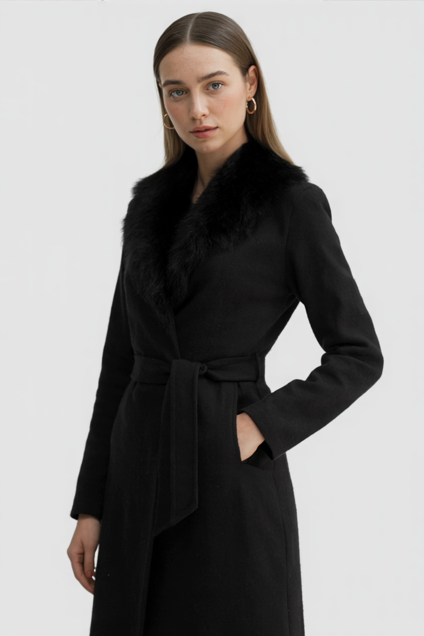 Long Black Wool Coat with Fur Collar – Noirvelle Prestige