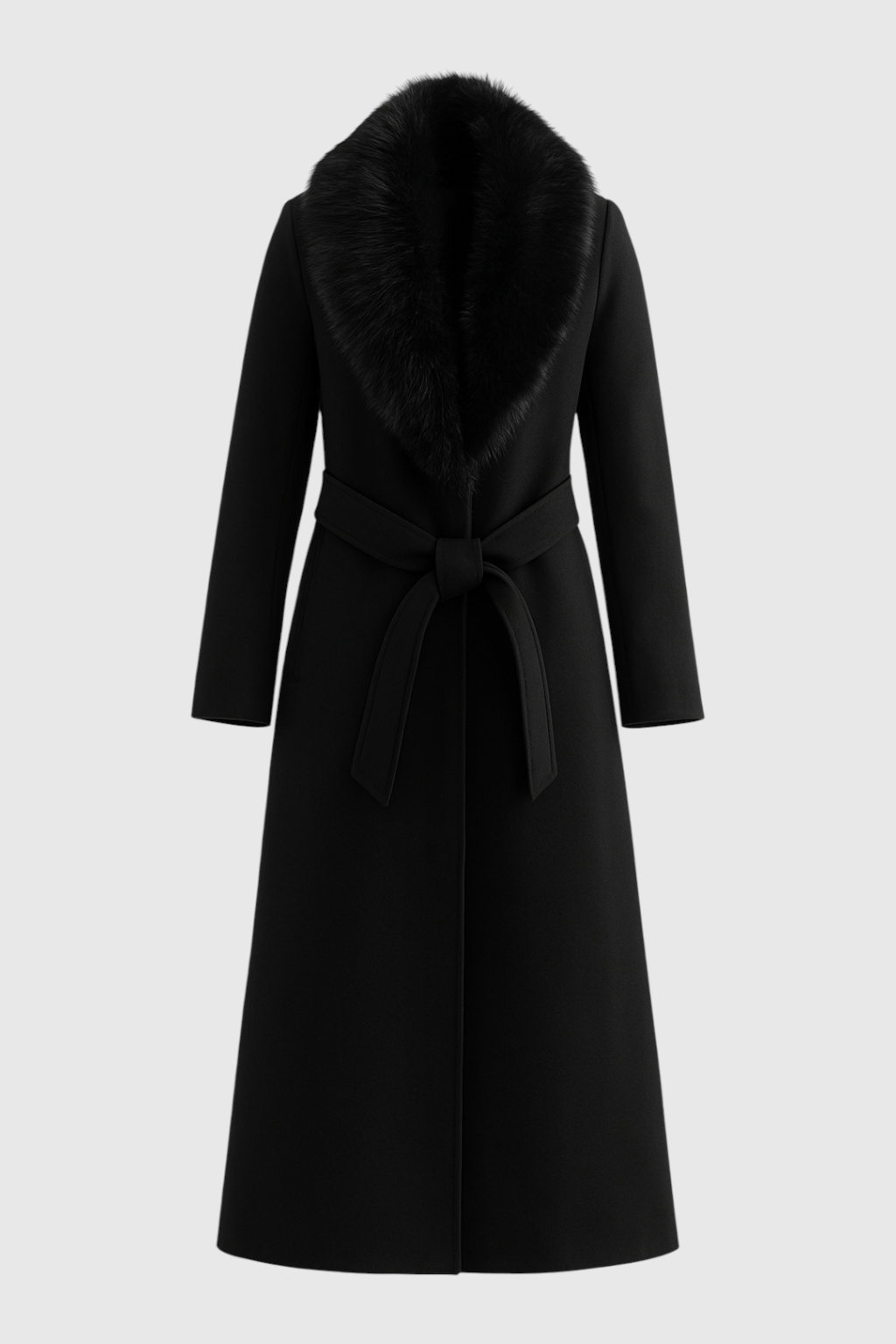 Long Black Wool Coat with Fur Collar – Noirvelle Prestige