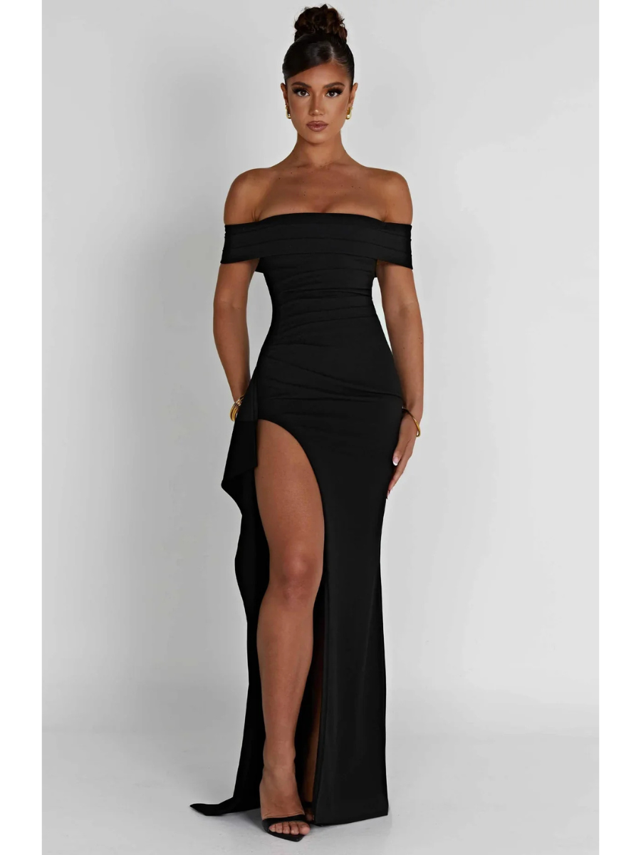 Off-the-Shoulder Maxi Dress with Side Slit & Elegant Silhouette – July