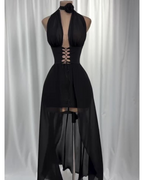 One-Shoulder Black Tulle Long Dress with Tie Details & Elegant Fit – Harley