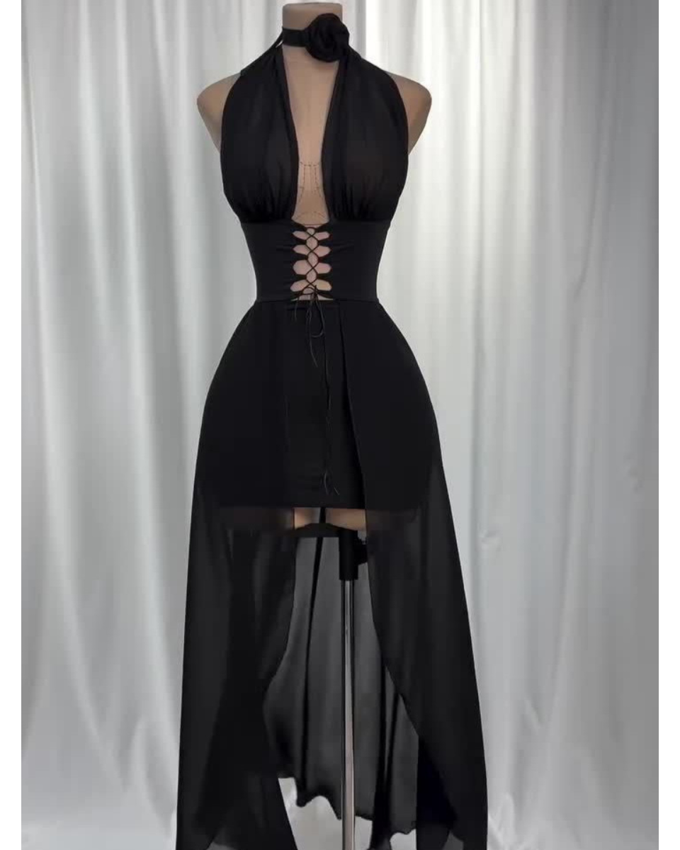 One-Shoulder Black Tulle Long Dress with Tie Details & Elegant Fit – Harley