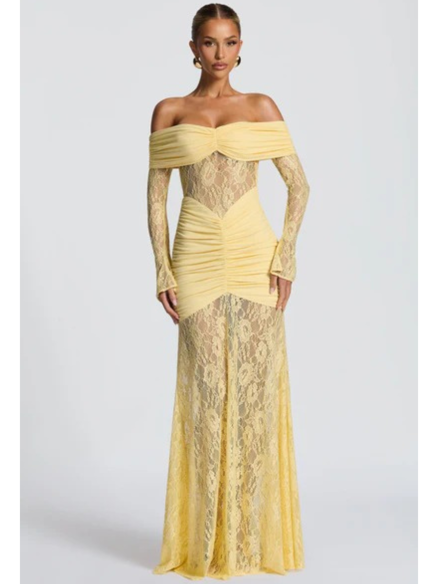 Off-the-Shoulder Lace Long Dress with Draped Hips & Elegant Fit – Pauline