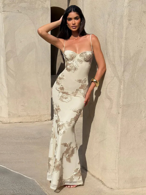 Backless Maxi Dress with Embroidered Flowers & Elegant Fit – Dara