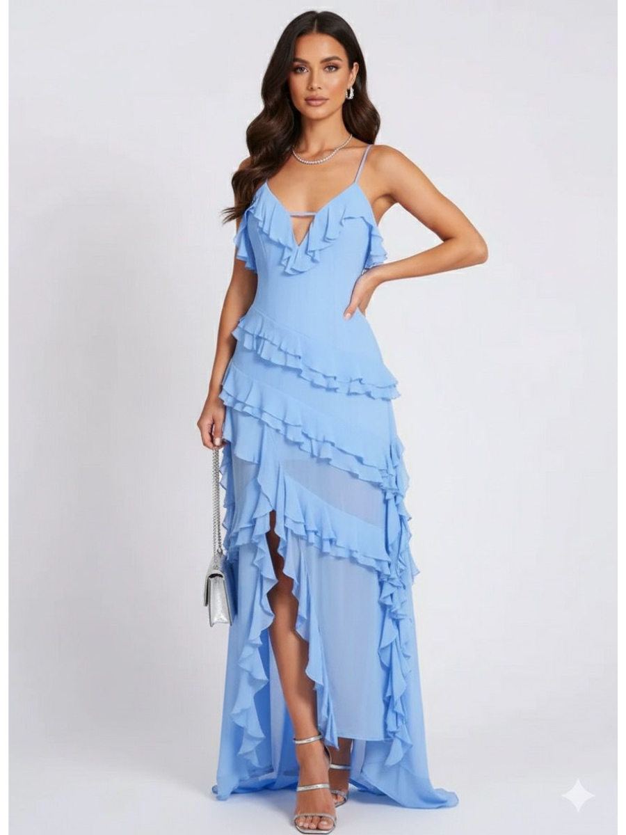 Ruffled Long Dress with Side Slit & Flowy Silhouette – Sofia
