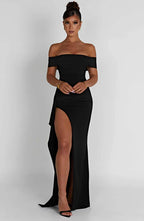 Off-the-Shoulder Maxi Dress with Side Slit & Elegant Silhouette – July