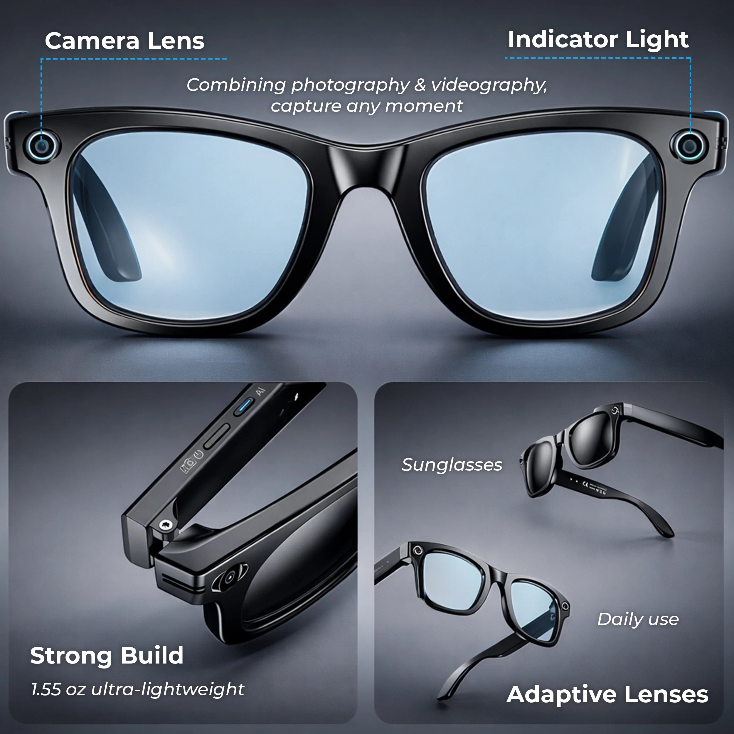 Smart AI Glasses with HD Camera & Translation – VisionSync Pro