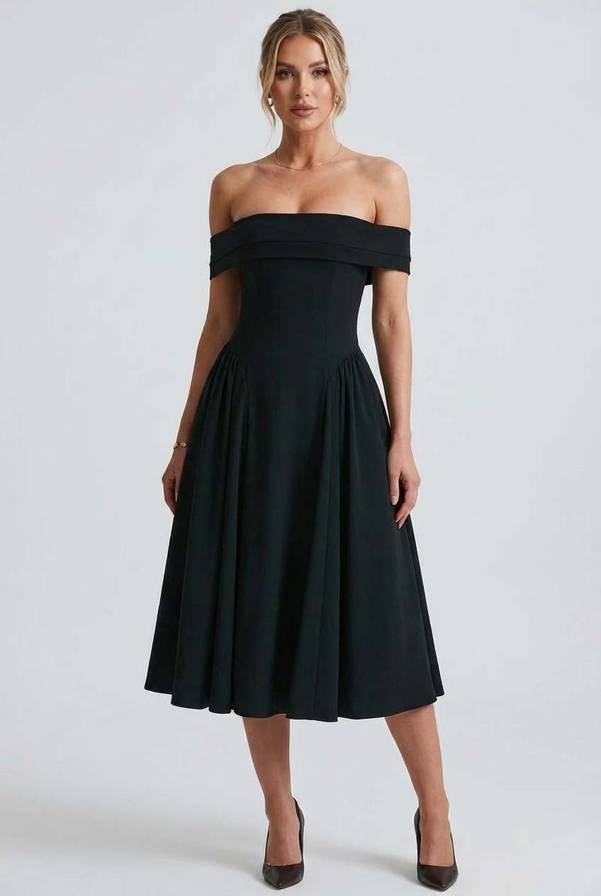 Off-Shoulder Pleated Midi Dress Flare Skirt – Eveline
