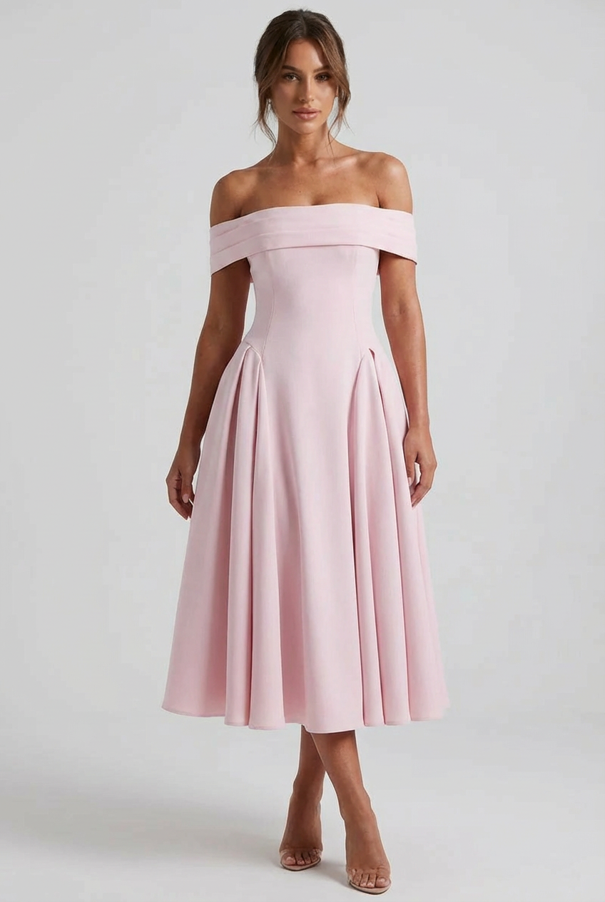 Off-Shoulder Pleated Midi Dress Flare Skirt – Eveline