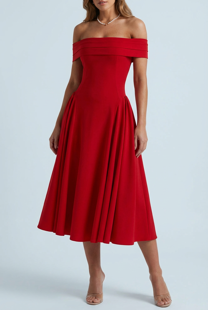 Off-Shoulder Pleated Midi Dress Flare Skirt – Eveline