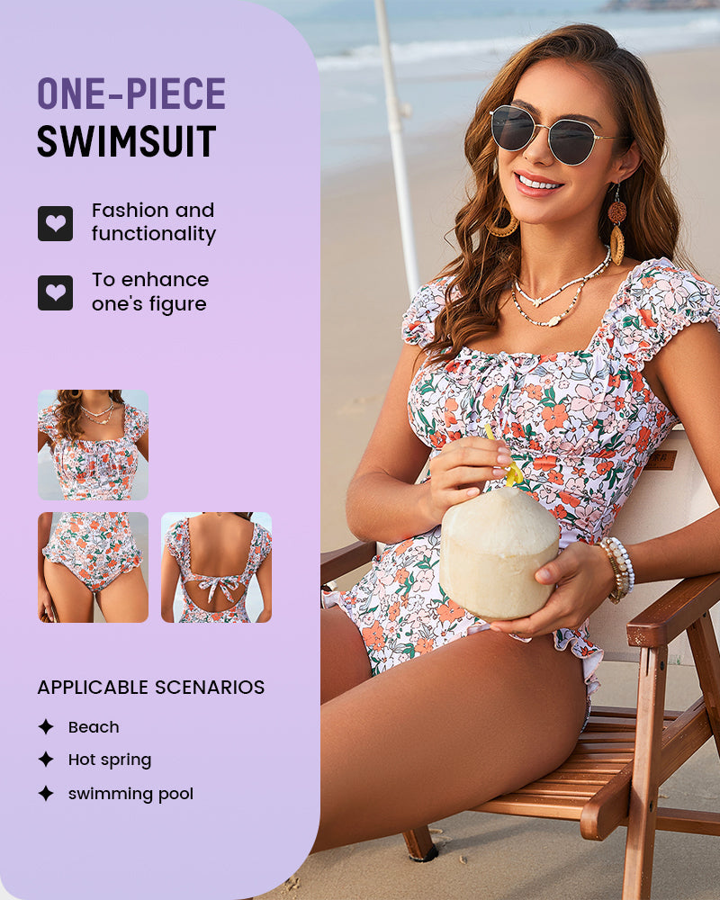 Women’s Floral Ruffled Square Neck One-Piece Swimsuit