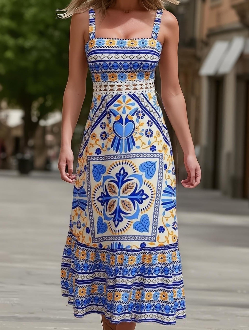 Cercal Bohemian Tropical Print Strappy Long Dress - Perfect for Summer Vacations