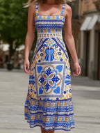 Cercal Bohemian Tropical Print Strappy Long Dress - Perfect for Summer Vacations