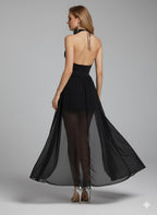 One-Shoulder Black Tulle Long Dress with Tie Details & Elegant Fit – Harley
