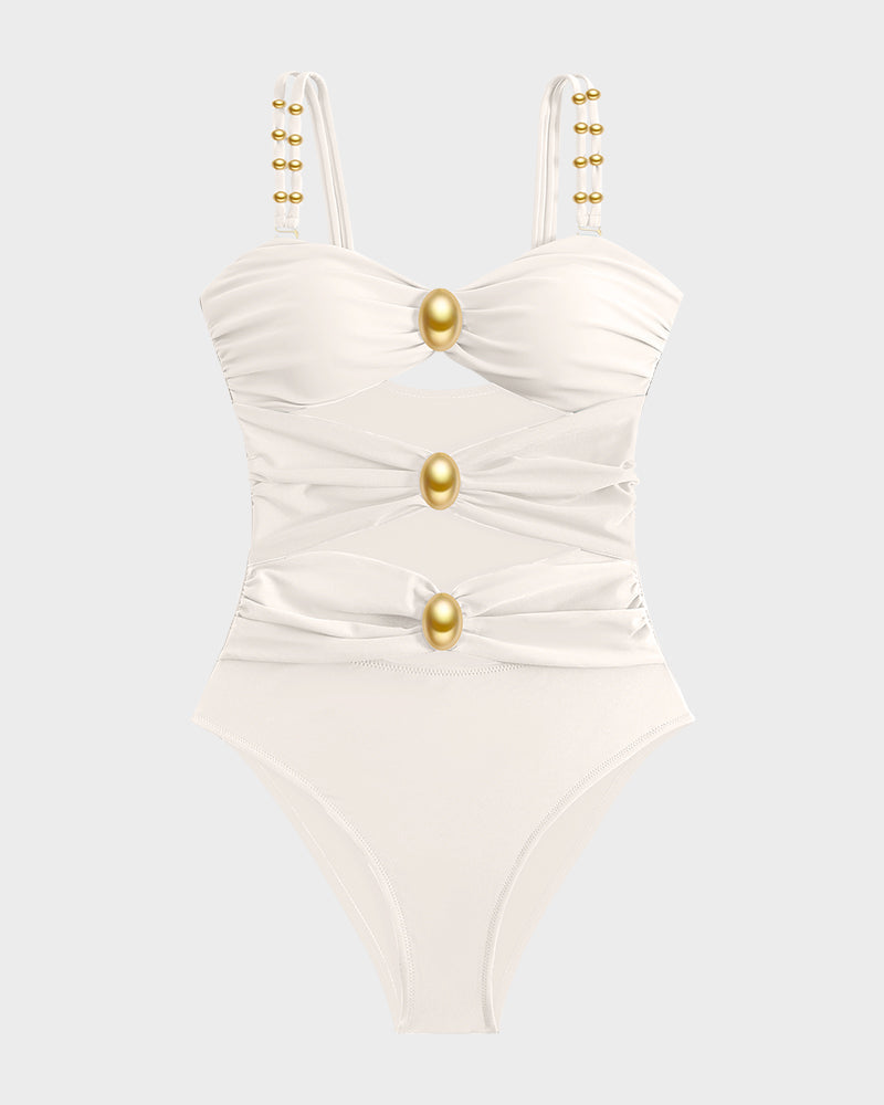 Cut-Out Ruched One-Piece Swimsuit with Gold Bead Accents