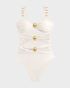 Cut-Out Ruched One-Piece Swimsuit with Gold Bead Accents