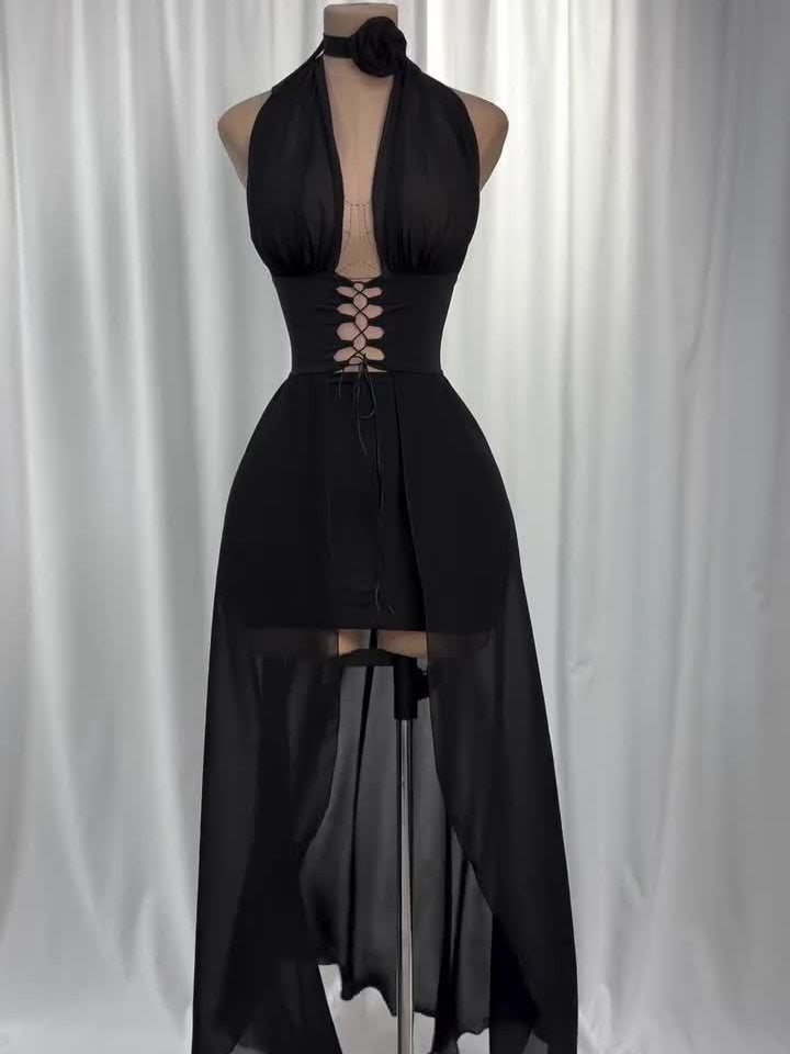 One-Shoulder Black Tulle Long Dress with Tie Details & Elegant Fit – Harley
