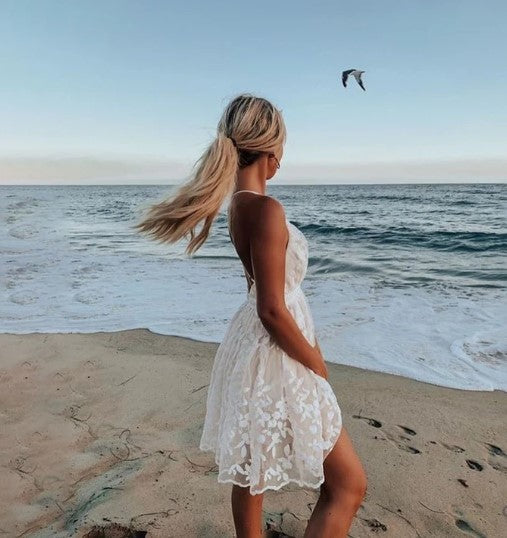 White Backless Short Dress with V-Neck | Naomi