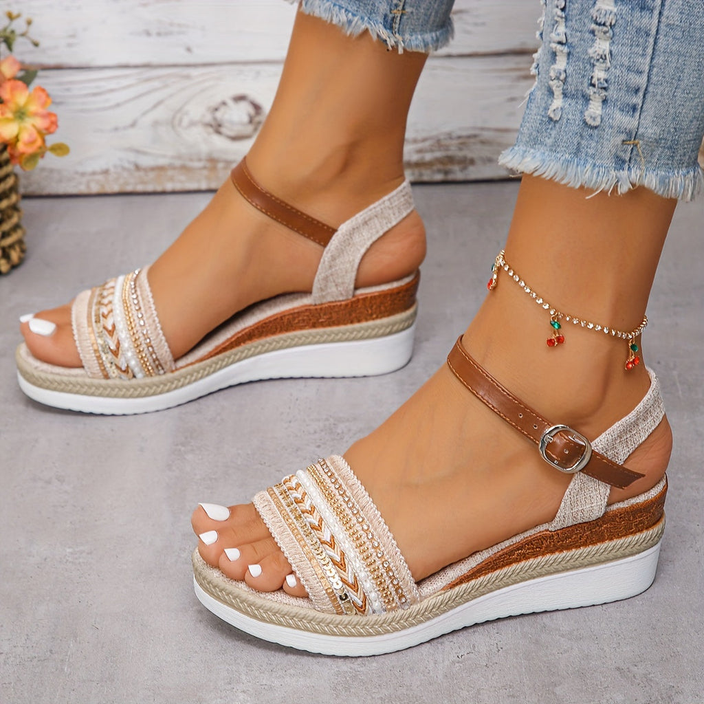 Lunaria Women's Chic Rhinestone Wedge Sandals – Comfortable Summer Footwear