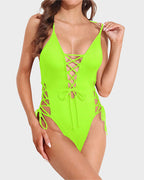 High Cut Lace-Up Swimsuit with Deep V Plunge Neckline