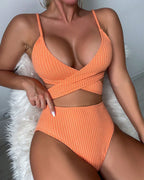 High-Waisted Textured Bikini Set for Women with Ribbed Fabric – Summer Swimwear