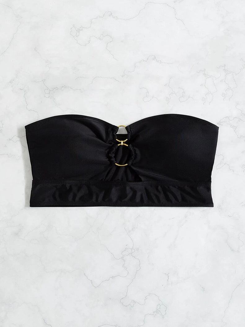 Chic Women's Bustier Bikini Top with Gathered Design and Gold Accents