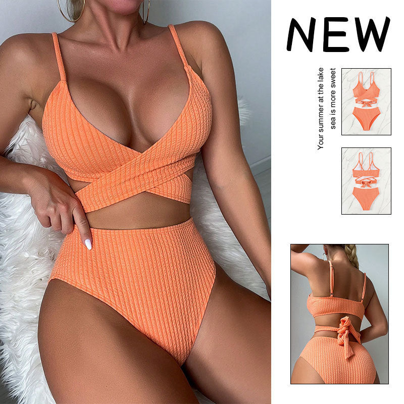 High-Waisted Textured Bikini Set for Women with Ribbed Fabric – Summer Swimwear