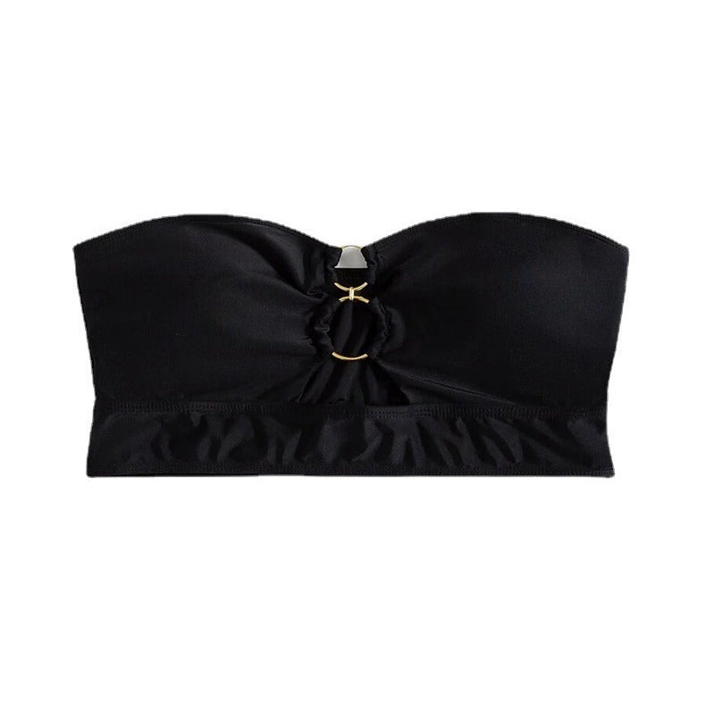 Chic Women's Bustier Bikini Top with Gathered Design and Gold Accents