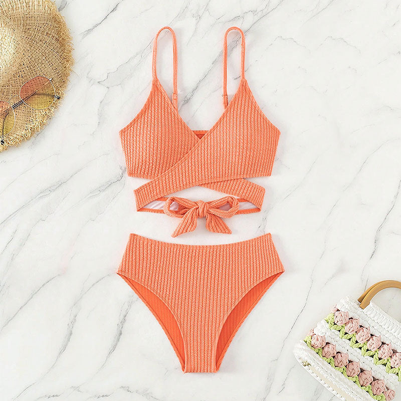 High-Waisted Textured Bikini Set for Women with Ribbed Fabric – Summer Swimwear