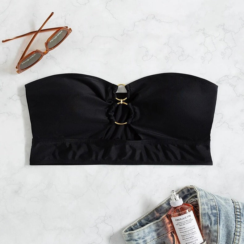 Chic Women's Bustier Bikini Top with Gathered Design and Gold Accents