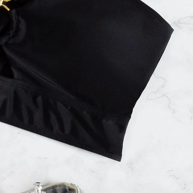 Chic Women's Bustier Bikini Top with Gathered Design and Gold Accents