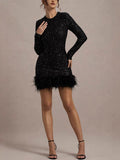 Women's Mini Long Sleeve Dress with Feather Hem