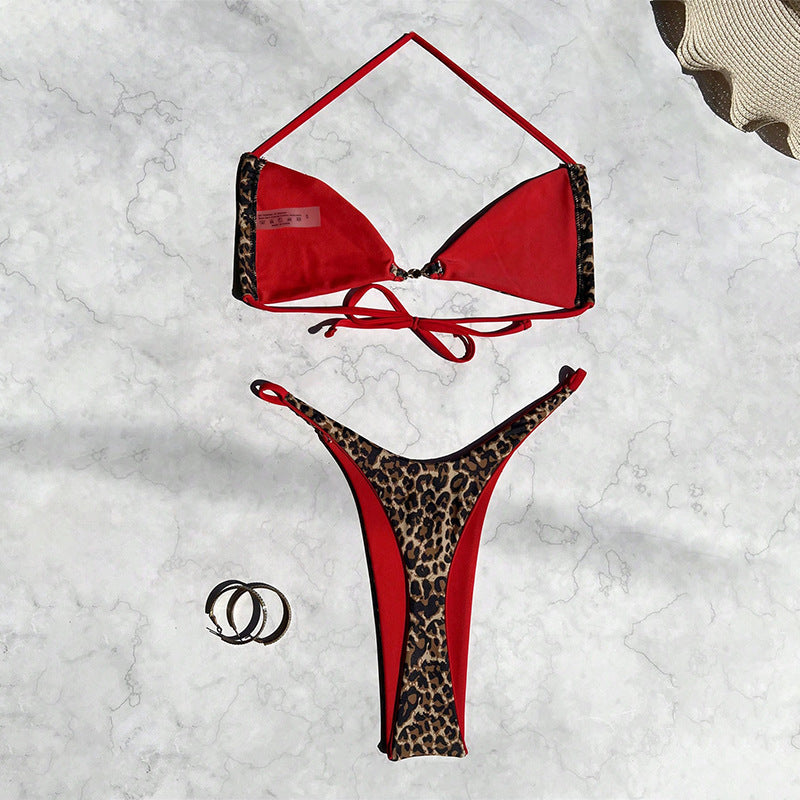 Leopard Triangle Bikini Set for Women with Adjustable Straps – Trendy Beach Style
