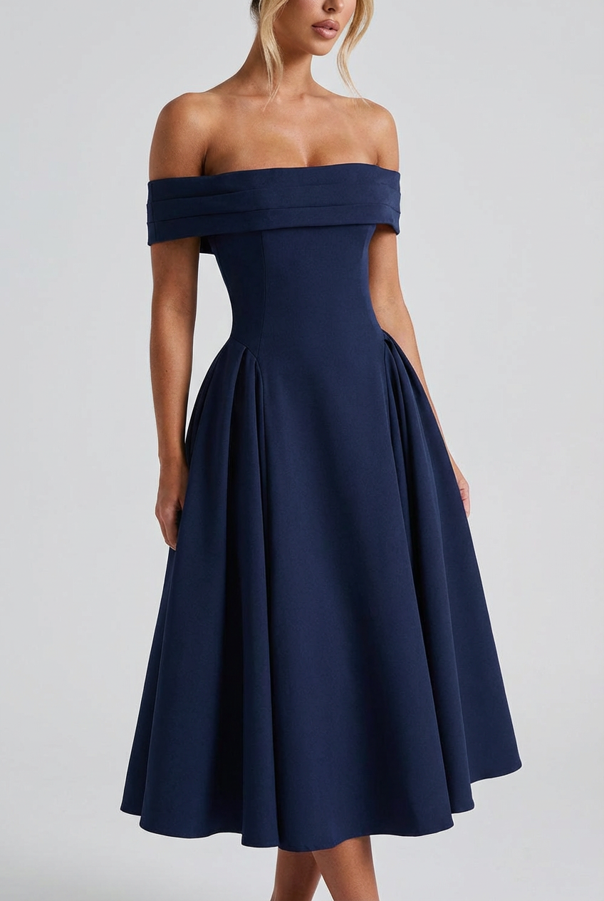 Off-Shoulder Pleated Midi Dress Flare Skirt – Eveline
