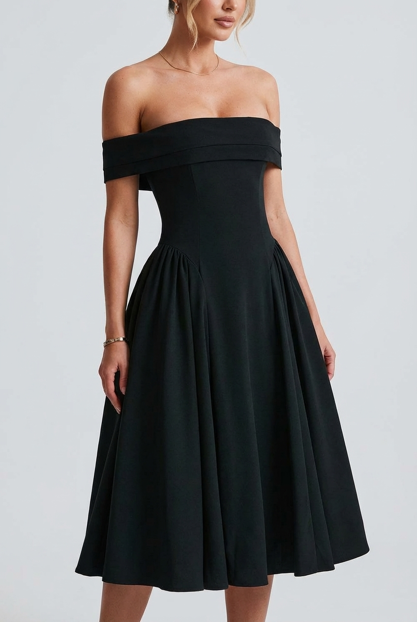 Off-Shoulder Pleated Midi Dress Flare Skirt – Eveline