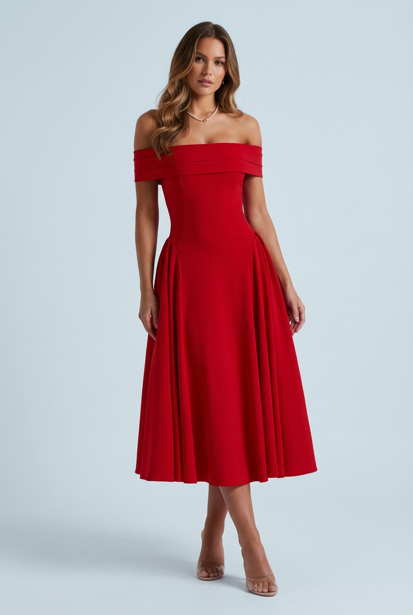 Off-Shoulder Pleated Midi Dress Flare Skirt – Eveline