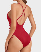 High Cut Lace-Up Swimsuit with Deep V Plunge Neckline