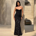 Backless Maxi Dress with Embroidered Flowers & Elegant Fit – Dara