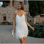 Chic Feather Trim Mini Cocktail Dress for Women – Elegant Party Mini Dress