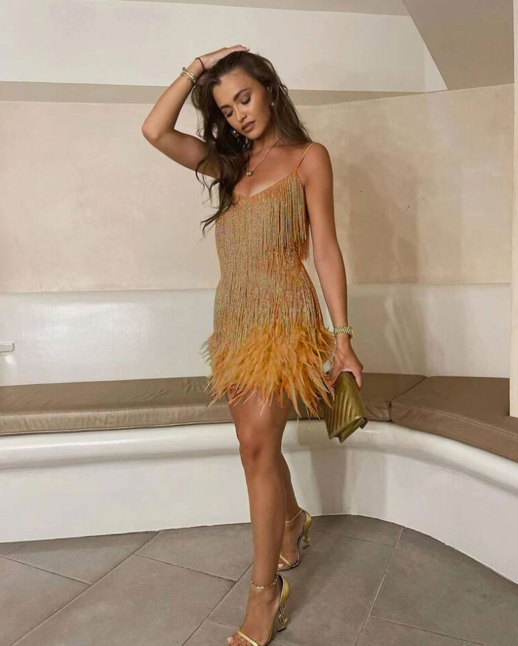 Chic Feather Trim Mini Cocktail Dress for Women – Elegant Party Mini Dress