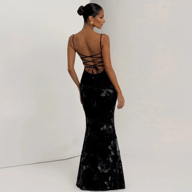 Backless Maxi Dress with Embroidered Flowers & Elegant Fit – Dara