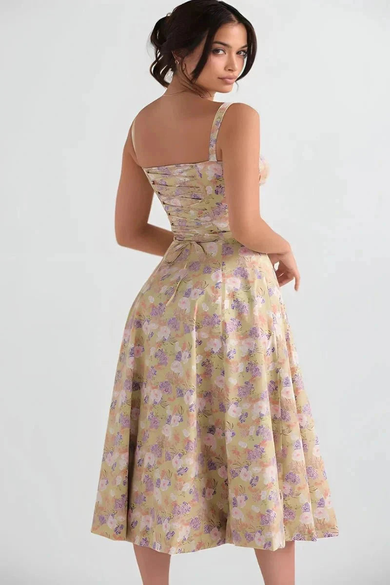 Linsay Floral Corset Midi Dress – Adjustable Straps & Side Slit