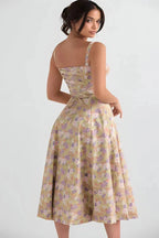 Linsay Floral Corset Midi Dress – Adjustable Straps & Side Slit